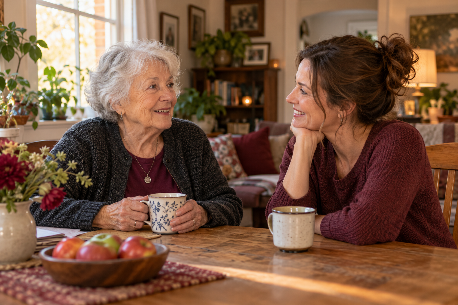 Illustrative image of an older adult and companion talking at home