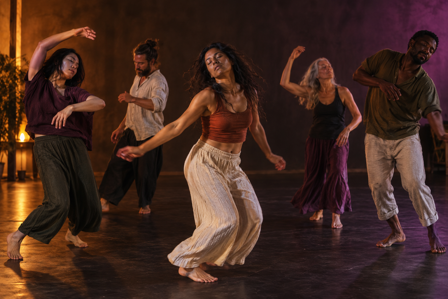 Illustrative conscious movement gathering in warm studio light