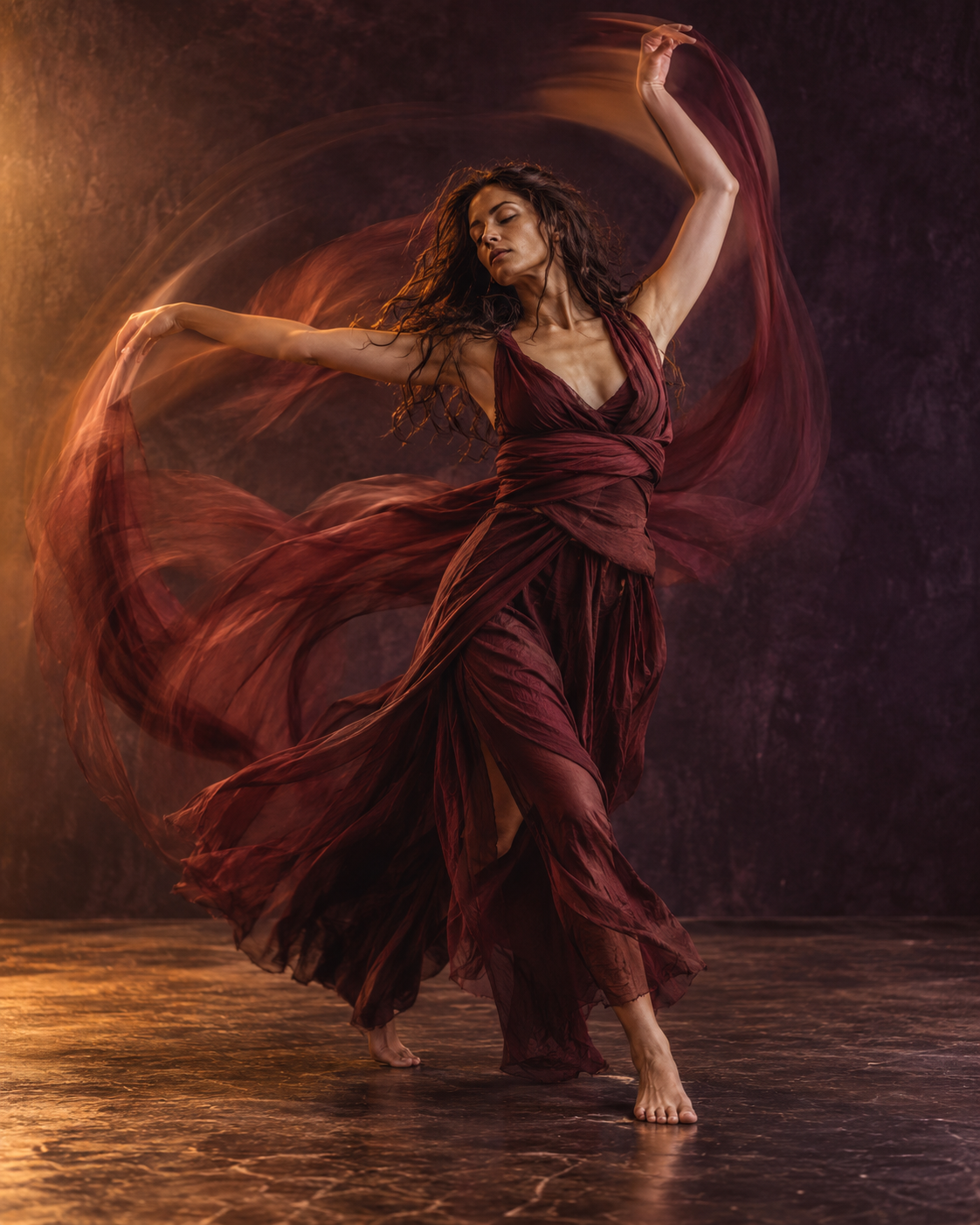 Illustrative expressive dance photograph with burgundy fabric and warm light